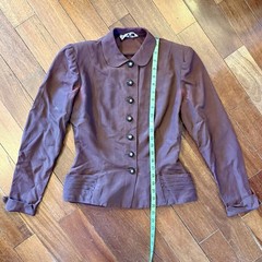 2pc VTG 40s MCM Brown Crepe Suit Rhinestone Button Jacket A-Line Skirt Women S
