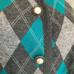 Vintage 1960s Gray Argyle Sweater With Antique Buttons Front Pockets Sz L