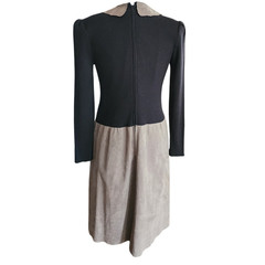 Vintage 80s CIAO Dress Drop Waist Black Knit Gray Faux Suede / M