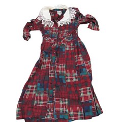 LG Star Vintage Red Patchwork Plaid Lace Collar Midi Dress Womens 14 Rayon 90s