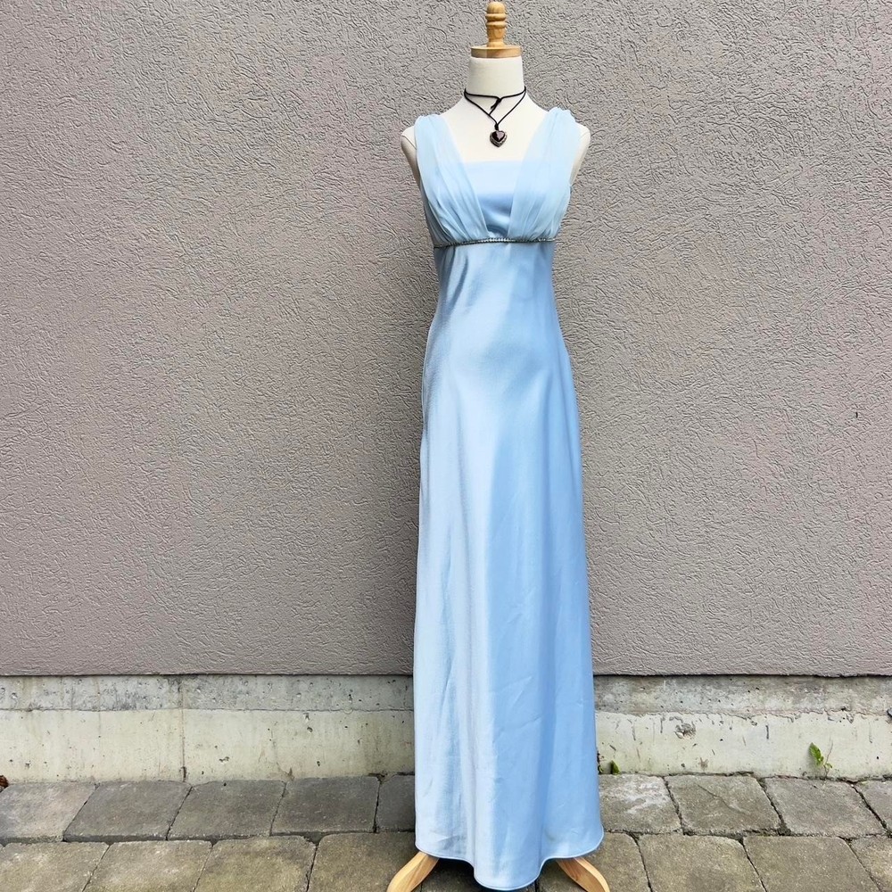 Vintage Y2K Blue Maxi Dress Gown Size XS w/ Bling Prom Glamour