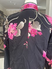 Leonard Of Paris Black Satin Pink Orchids Knee Length Tunic Coat Frog Closure 42