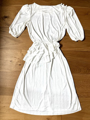 VTG Joni Blair 80s Dress White Shimmer Pinstripe Peplum Puff Sleeve Shoulder Pad