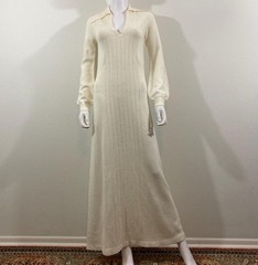 Wenjilli Vintage Knit Long Sleeve Cream Maxi Belted Sweater Dress