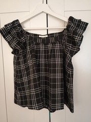 Vintage Women’s Peach John Black/White Plaid Ruffle Short Sleeve Blouse Size M