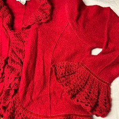 Lisa International Red Boiled Wool Crocheted Ruffle Collar Fringe Sexy Sweater L