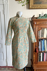 VTG 50’s 60’s Yellow & Teal Sheath Dress Abstract Pattern Cheongsam Qipao sz SM