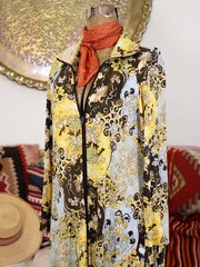 VTG 1960s Psychedelic Polyester Zip Front Caftan Maxi Patio Lounge Dress