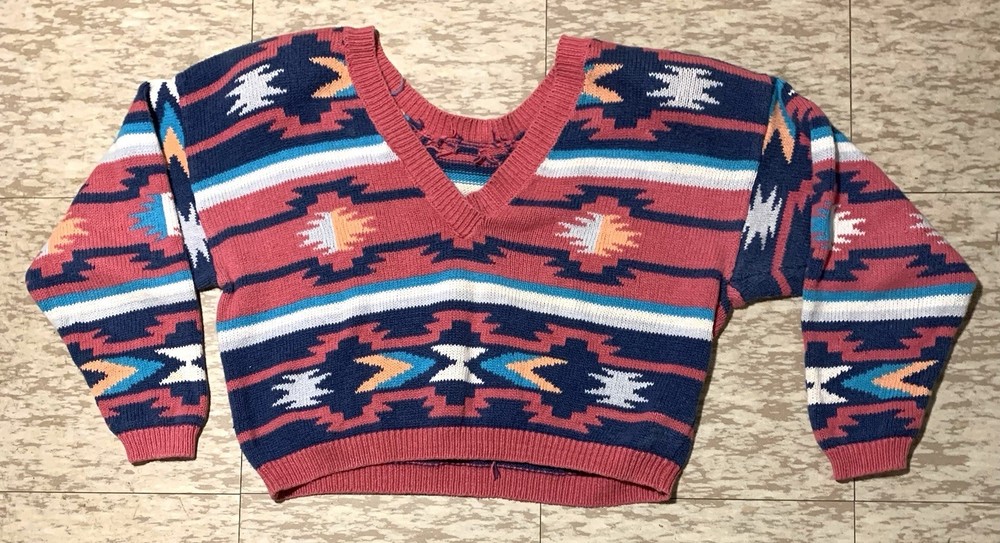 Vintage 80s Nuovo Womens Cropped Sweater Aztec Southwestern Large Ramie/Cotton