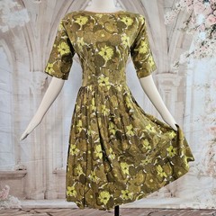 Vintage 1960’s Dress Mod Swing Half Sleeve Fit and Flare Bohemian Mustard Floral
