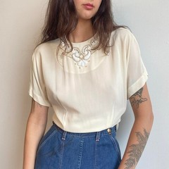 1940s rayon sheer blouse with beaded neckline