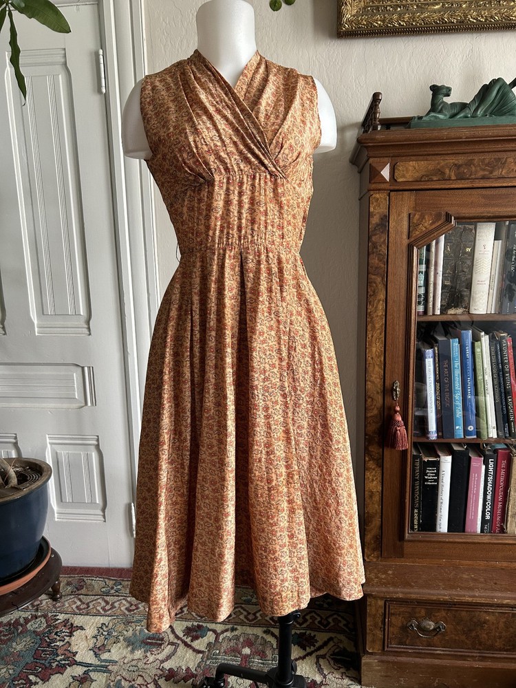 Vintage 1950s Orange Floral Sundress Sleeveless Wrap Summer Light Day Dress XS S