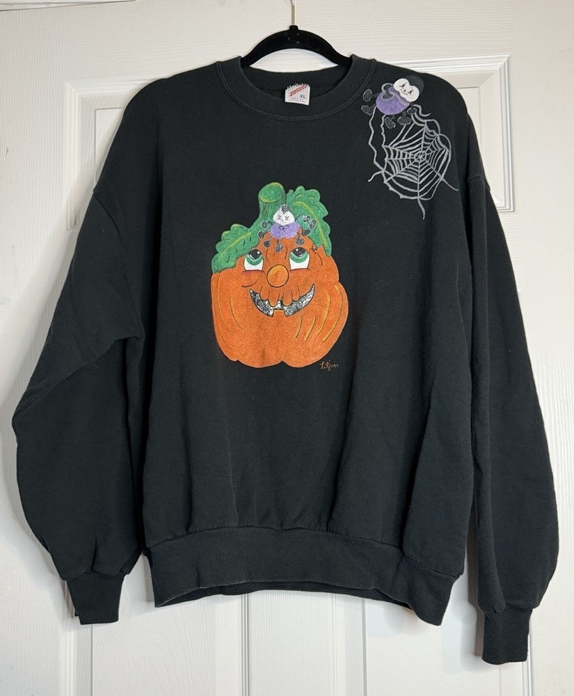VTG Halloween Fall Pumpkin Spider Web Hand Painted XL Art To Wear USA Dopamine