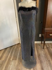 Vintage Green Land Glamour Hollywood Evening Dress Silver Dots Feather Trim Sz M