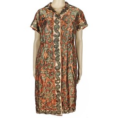 Vintage Satin Dress Brown Gray Print Rockabilly Swing Mid Century 40s 1950s 14 L