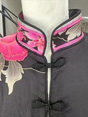 Leonard Of Paris Black Satin Pink Orchids Knee Length Tunic Coat Frog Closure 42