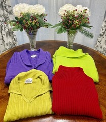 4 Vintage 1980s/early 1990s Women’s Sweaters- 2 Green, 1 Red, 1 Purple