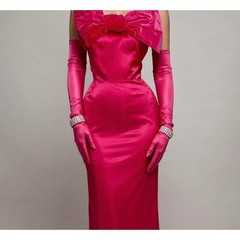 Vintage 1950s Hot Pink Marilyn Monroe Style Gown Oversized Velvet Bow Maxi Dress