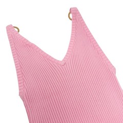 CHANEL Vintage 01C CC Logo Knit Rib Tank Top #42 Gold Rings Pink Cotton