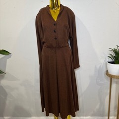 Vintage Academia Brown Knit Midi Dress Button Front Long Sleeve Size 6 Small