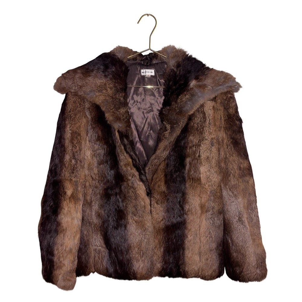 Vintage Rabbit Fur Coat Striped Brown Jacket Small Made in Hong Kong