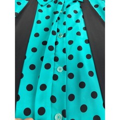 Vintage 90s Josephine Secretary Blouse Large 16 Turquoise Black Polka Dot Bow