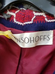 VTG 60s MOD Red Blue Tapestry Coat Sz S? Swing MCM Union Go-Go Groovy Baby FLAWS