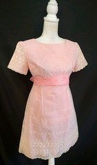 60’s Vintage Pink Dress Eyelet Organza Taffeta Coquette Girly Short Sleeve XS/S