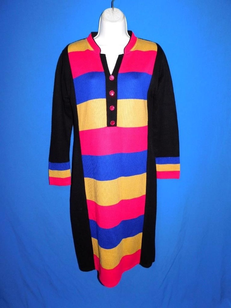 Vintage Tarni S Black Yellow Blue Knit Sweater Dress Color Block Midi Side Slits
