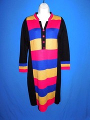 Vintage Tarni S Black Yellow Blue Knit Sweater Dress Color Block Midi Side Slits