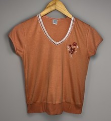 Vtg 70s 80s Ornamentation Pullover Top Ribbon/Lace Trim Burnt Orange White -Sz M