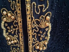 Vintage sz XL black, long formal jacket in black & gold beading. See description