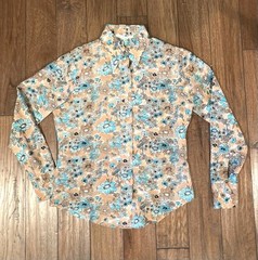 Vintage 1970s disco blouse dagger collar daisy flowers abstract print poly B 37
