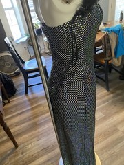 Vintage Green Land Glamour Hollywood Evening Dress Silver Dots Feather Trim Sz M