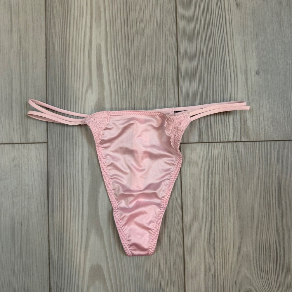Vintage 2001 Victorias Secret Pink Satin Lace String Thong Panty NWT Small