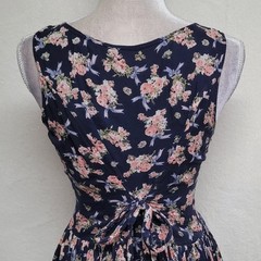 1970s Vintage Sita Blue Pink Floral Scoop Neck Tie-Waist Fit & Flare Midi Dress