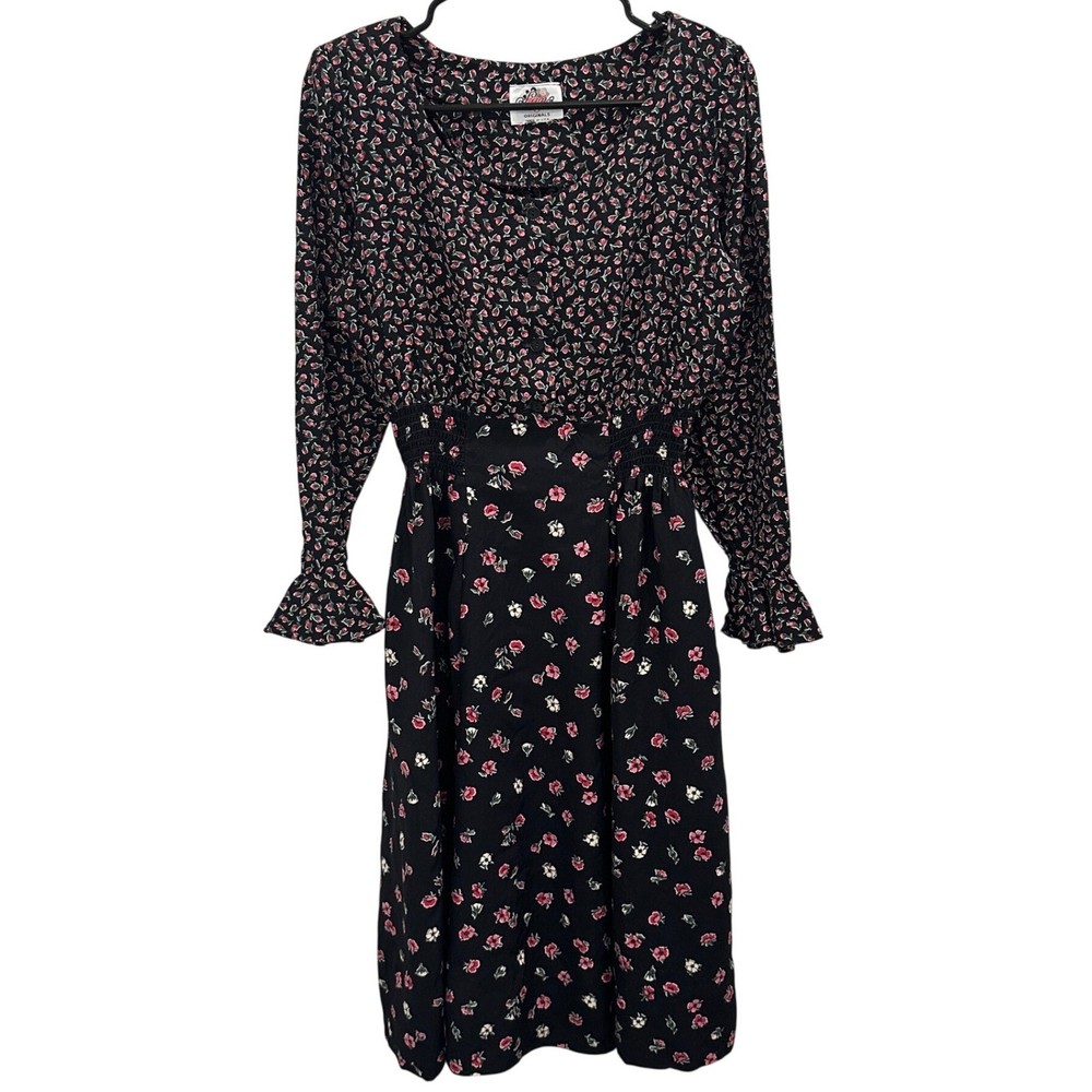 VTG 80s Lanz Originals Ditsy Floral Shirred Midi Dress Black Pink Chintz Cottage