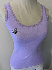 Vintage 80s Lavender Butterfly Tank Top Lace Trim XS/S Thin Soft USA Made