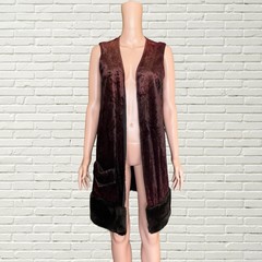 Vintage 70s Duster Vest – Ombré Velvet Fur Trim Long Vest – Hippie Glam Rock S