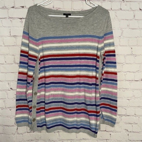 Talbots Gray Multi Stripe Side Button BateauNeck Sweater Women M Vietnam