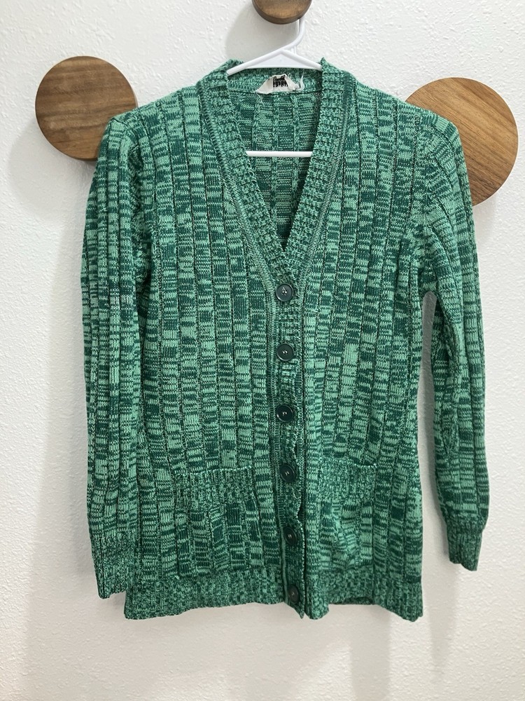Kmart Vintage 1970s St. Patrick’s GREEN 100% Acrylic Button Cardigan Size Small
