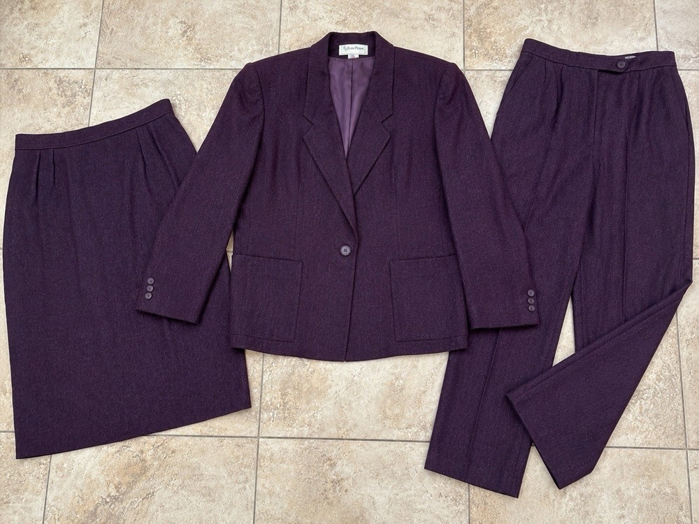 Vintage Evan Picone 3 Piece Suit Wool Mohair Purple Blazer Skirt Pants Size 16