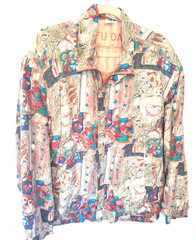 FU DA International 100% Silk Bomber Jacket – Multicolor Patchwork Print XL