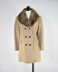 60s Vintage Beige Wool Tweed Brown Rabbit Fur Collar Slim Peacoat Jacket Women M