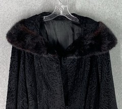 VTG Black Persian Lamb Broadtail Coat Mink Fur Collar Glam Classic S/M Old Money