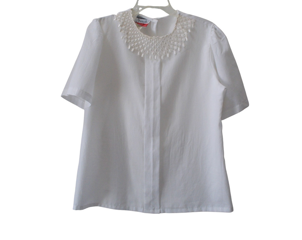 VTG JONQUIL by JUDY BOND White Short Sleeve Lace Detail Neckline Blouse Shirt 14