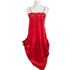Vintage Red Nightgown Glossy Satin Sz M Long Lacey Spaghetti Straps 100% Nylon