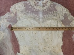 VTG 1970s Beaded Wedding Dress High Neck Illusion Lace Angel Sleeve ILGWU Train