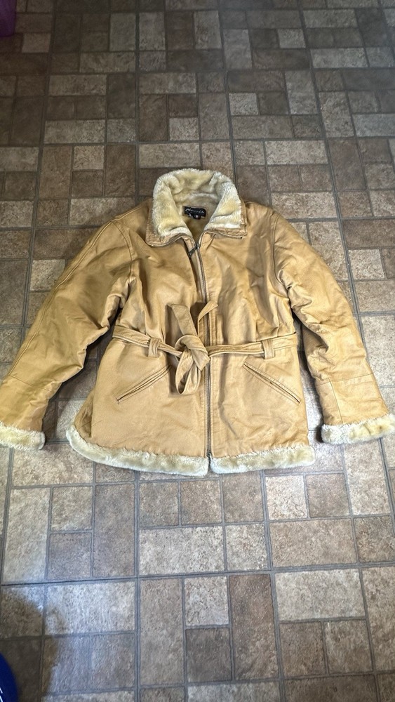 Vintage 2 XL Leather Fur Trim Shearling Belted Coat Tan Marcia Collection