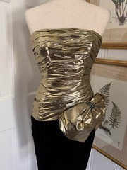 Vintage 1980’s 1990’s A.J. Bari Gold Lame Ruched Bustier Fitted Dress Huge Bow